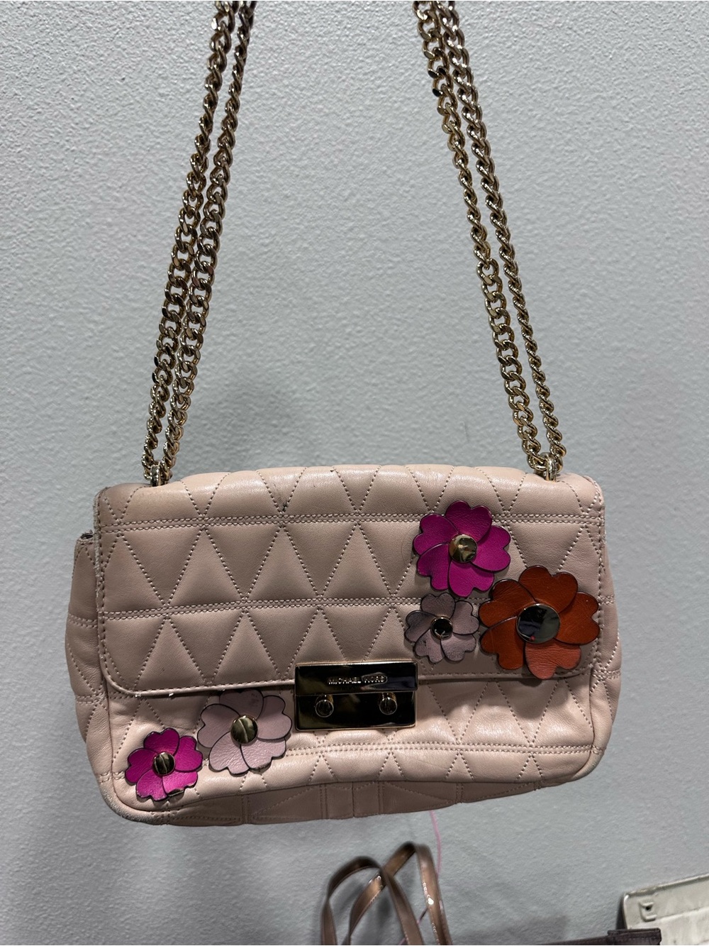 Michael Kors Blush Quilted Shoulder Bag with Floral Appliqués and Gold Chain